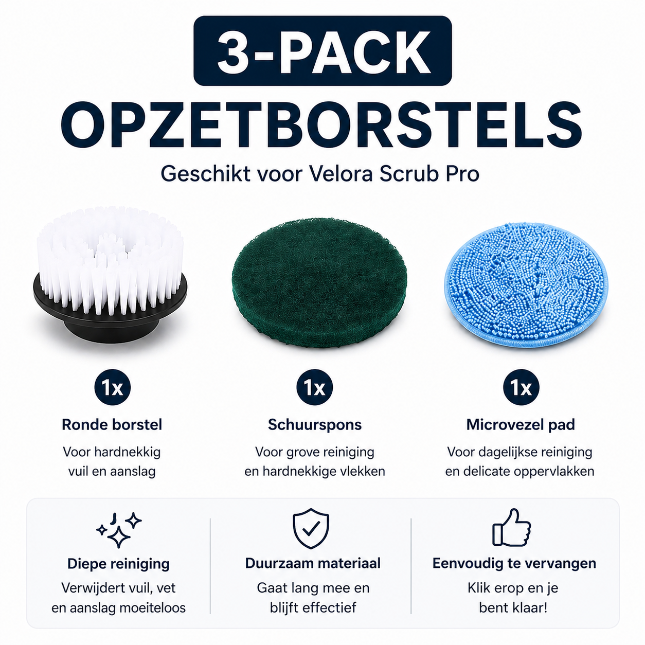 Velora Scrub Pro Opzetborstels – 3 Pack